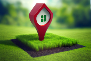 House symbol with location pin icon on earth and green grass in real estate sale.Generative AI